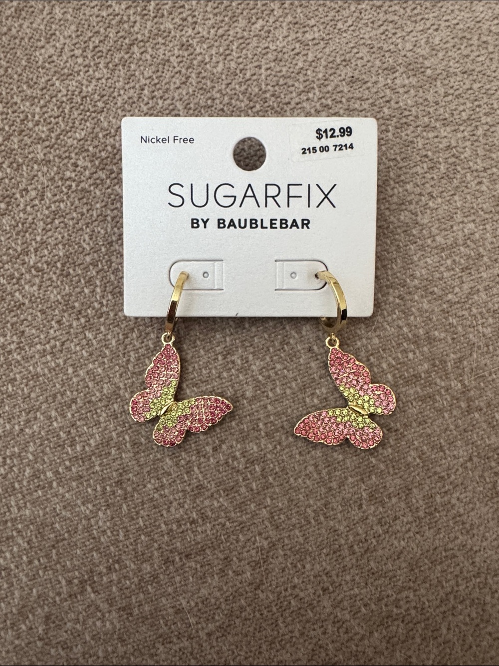 BaubleBar Pink and Lime Crystal Butterfly Hoop Earrings